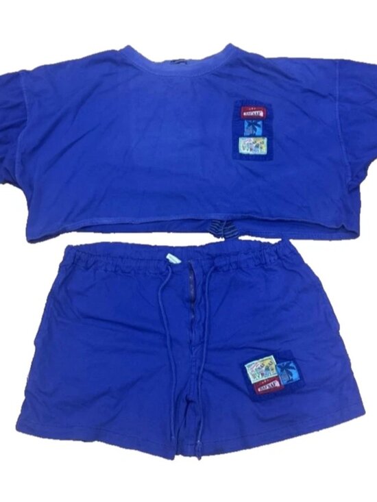 NAF NAF Pants - VTG Naf Naf Paris Shirt Shorts Set Purple Women's Button Embroidered France 90s